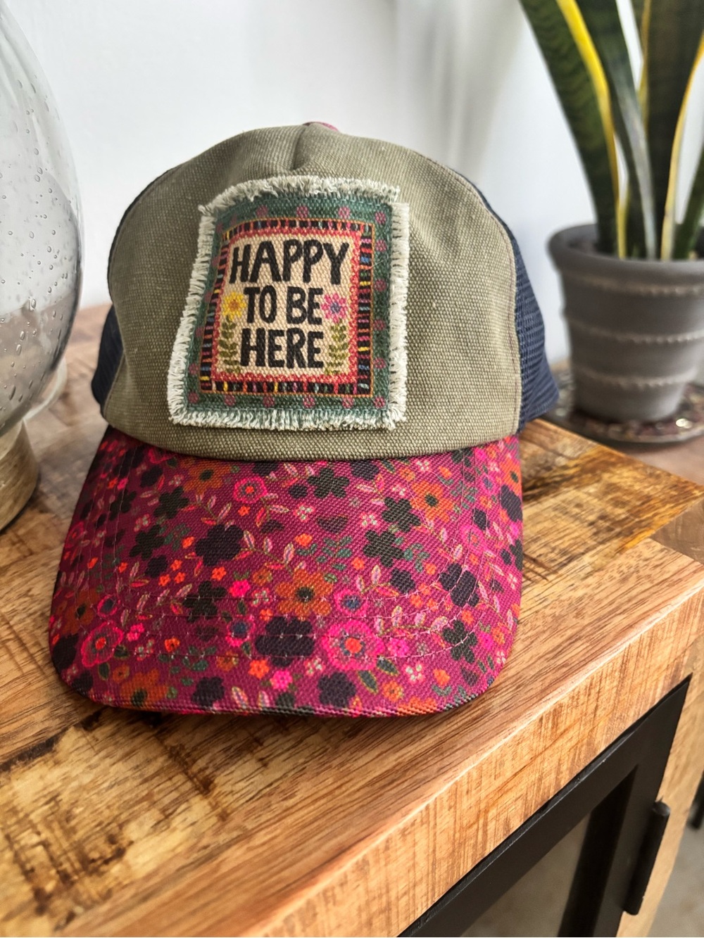 NATURAL LIFE Olive Front Trucker Hat with Pink Floral Bill